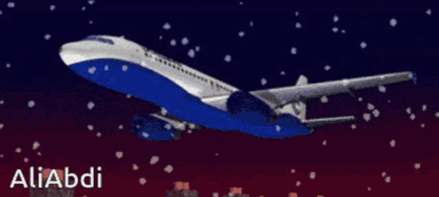 a blue and white airplane is flying in the night sky with the name aliabdi written below it