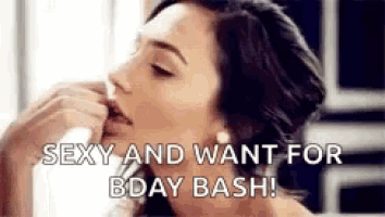 a close up of a woman 's face with the words `` sexy and want for bday bash '' .