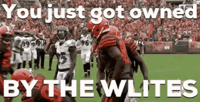 a group of football players on a field with a caption that says you just got owned by the wilies