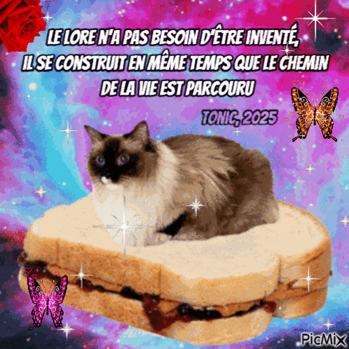 a cat is sitting on top of a peanut butter sandwich