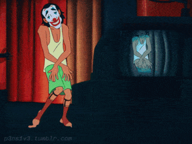 a cartoon of a clown standing in front of a television with the website p3ns1v3.tumblr.com visible