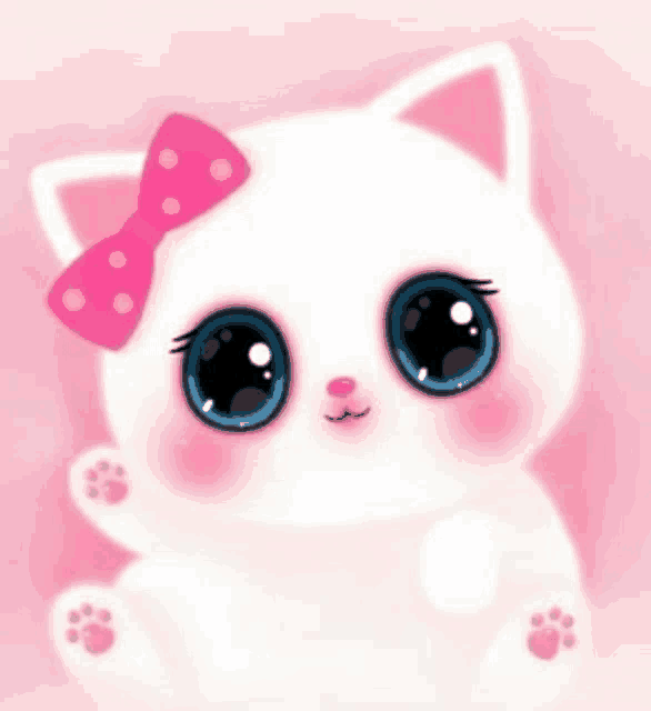 a white cat with big blue eyes and a pink bow on its ear .