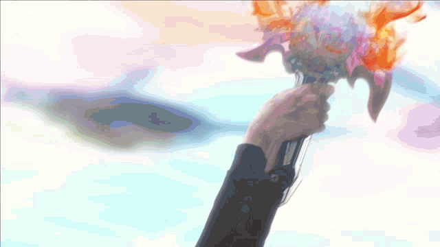 a painting of a person holding a torch that is on fire