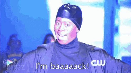 a man in a bathing suit says i 'm baaaack