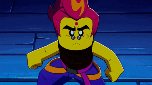 a cartoon character with a purple belt and a red head