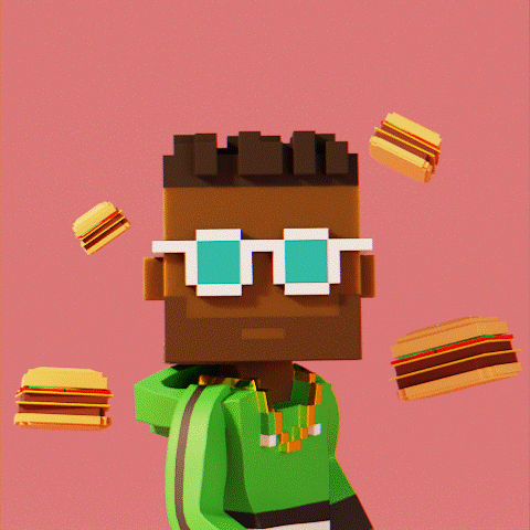 a pixel art of a man holding a hamburger with a speech bubble saying burger day