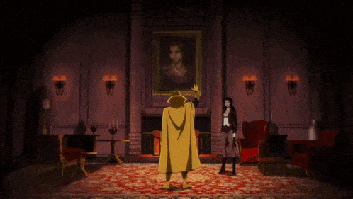 a man in a cape is standing in front of a painting with a cross on it