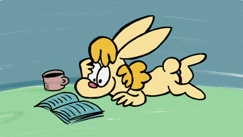 a cartoon of a rabbit reading a book with a cup of coffee next to it