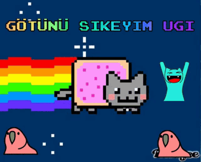 a cartoon of a cat with a rainbow coming out of it and the words " gotunu sikeyim ugi "