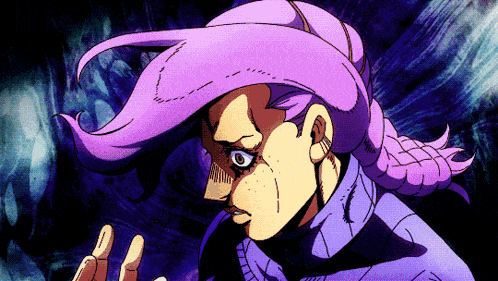 a cartoon character with purple hair and a purple hat