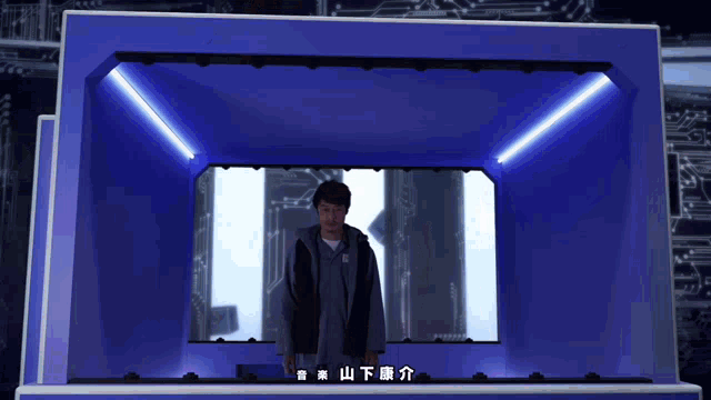 a man stands in a blue room with chinese writing on the bottom