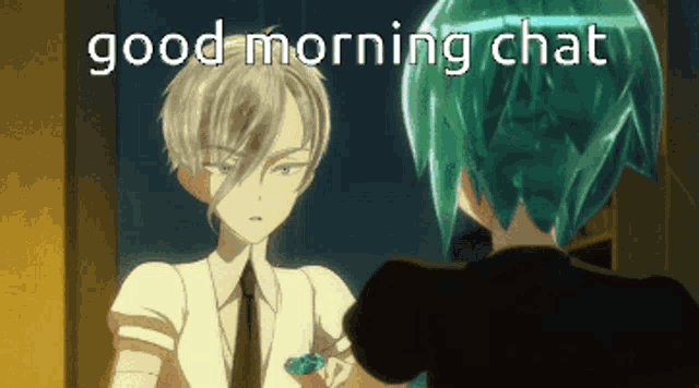 a man and a woman are standing next to each other and the words good morning chat are on the bottom
