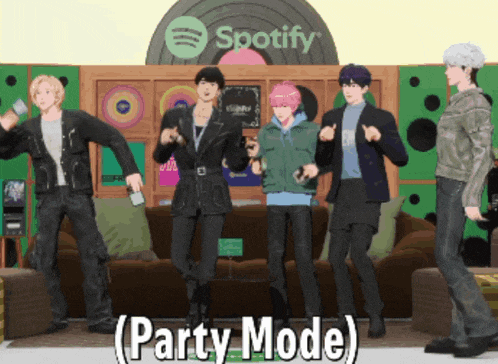a group of men are dancing in front of a spotify sign