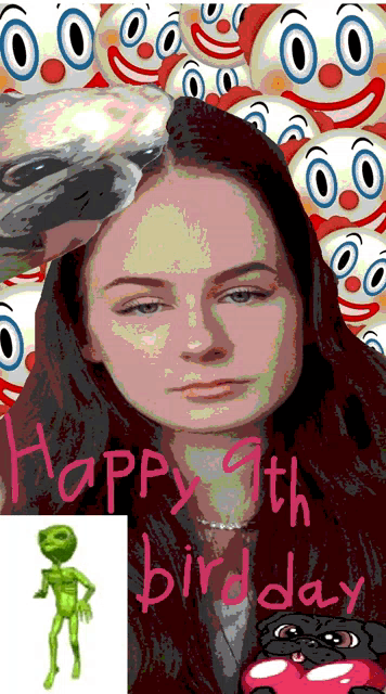 a picture of a girl with the words " happy 9th birday " on the bottom