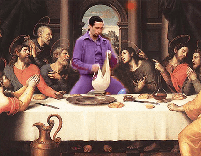 a painting of the last supper with a man in a purple shirt