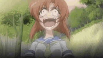 a girl in a school uniform is making a funny face while standing in a field with her mouth open .