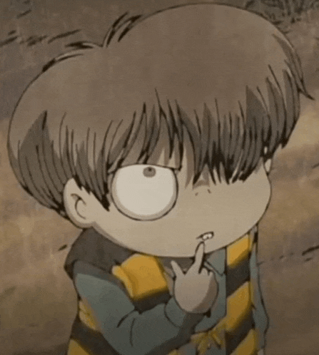 a cartoon character with a big eye and a striped shirt