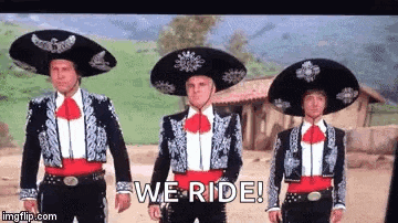 three men in mariachi costumes are standing next to each other and saying `` we ride ! ''
