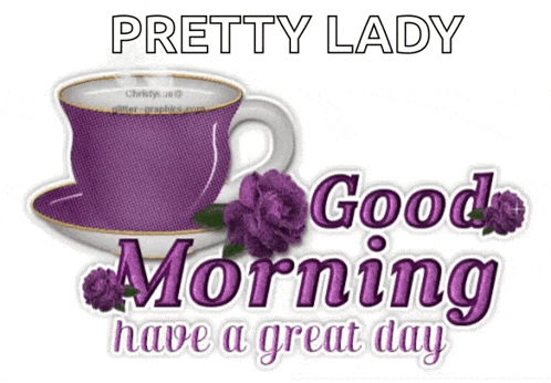 pretty lady good morning have a great day with a cup of coffee and purple flowers