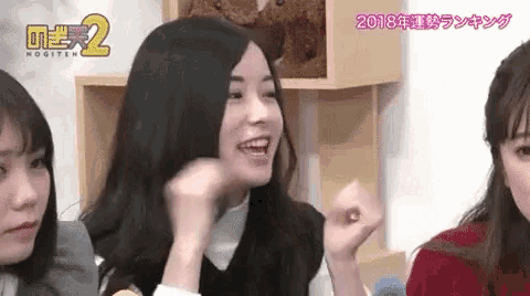 a group of young women are sitting next to each other and one of them is making a funny face .