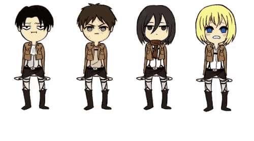 a group of anime characters standing next to each other with different facial expressions