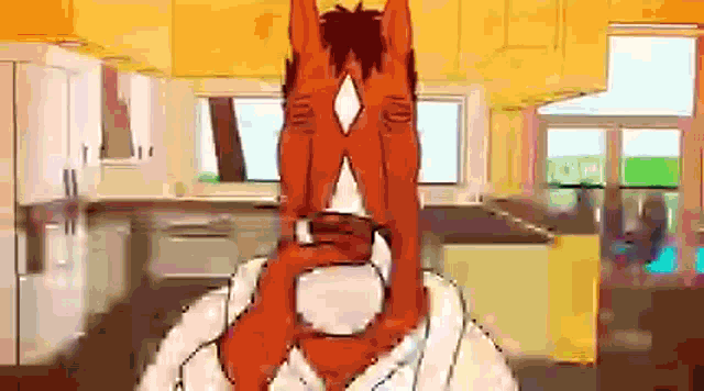 a cartoon character with a horse 's head is standing in a kitchen with his hands on his face .