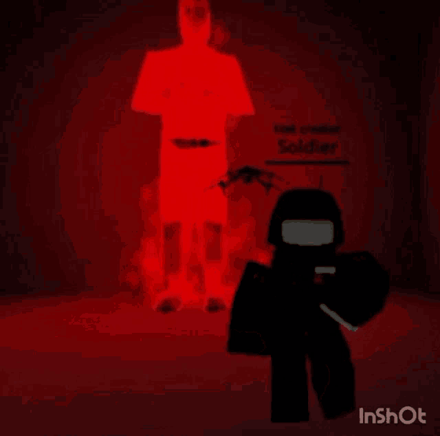 a soldier is standing next to another soldier in a dark room .