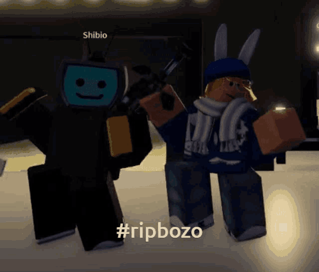 two cartoon characters are standing next to each other and one has the hashtag #ripbozo on it