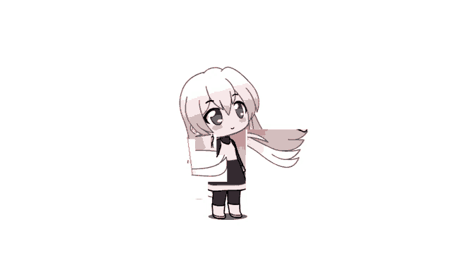 a little girl with long white hair and red eyes is standing on a white background