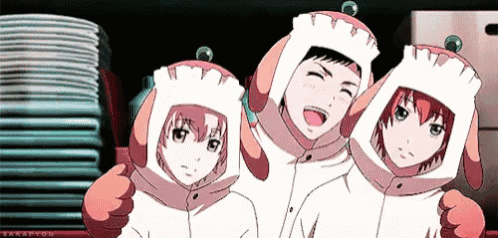 three anime characters are posing for a picture and one of them is wearing a shark hat