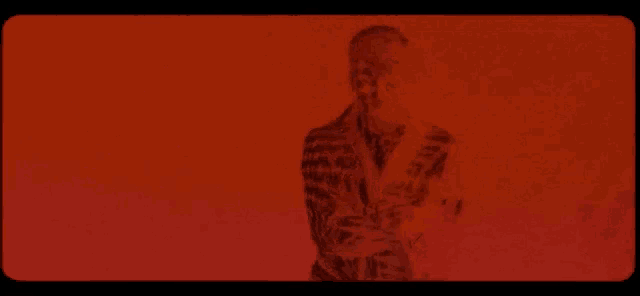 a man in a plaid shirt is standing in a red room .