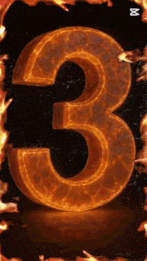 the number 3 is surrounded by flames on a black background with the letter m in the corner