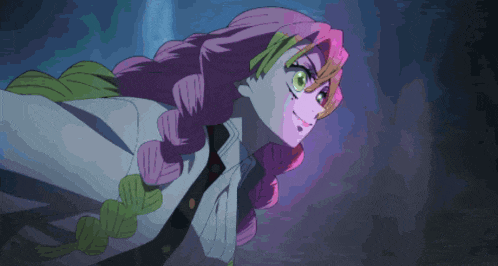 a girl with pink hair and green leaves in her hair