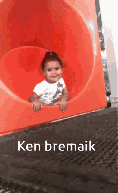 a little girl is sliding down a red slide with the caption ken bremak