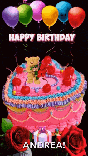 a birthday cake with balloons and roses and a teddy bear on it .
