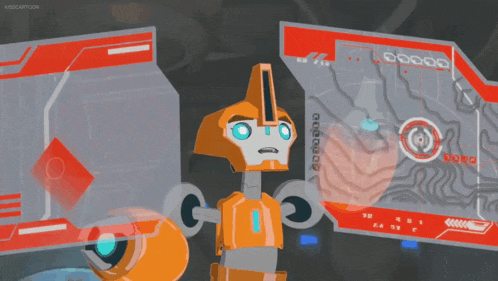 a cartoon robot is standing in front of a screen that says kid cartoon