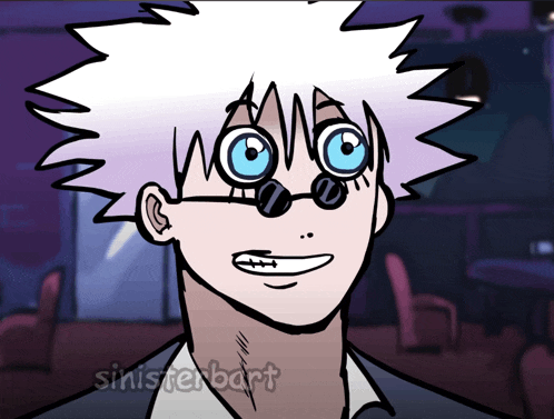 a cartoon drawing of a man with white hair and blue eyes with sinisterbart written below him