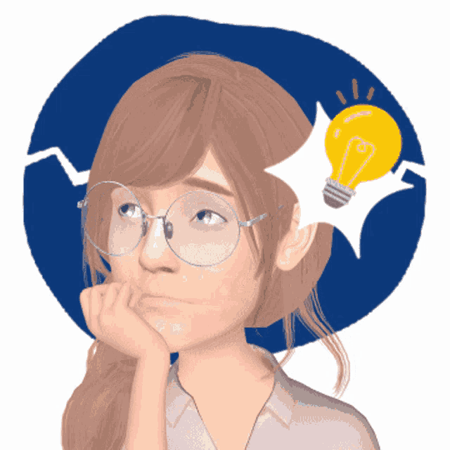 a cartoon girl with glasses and a light bulb above her head
