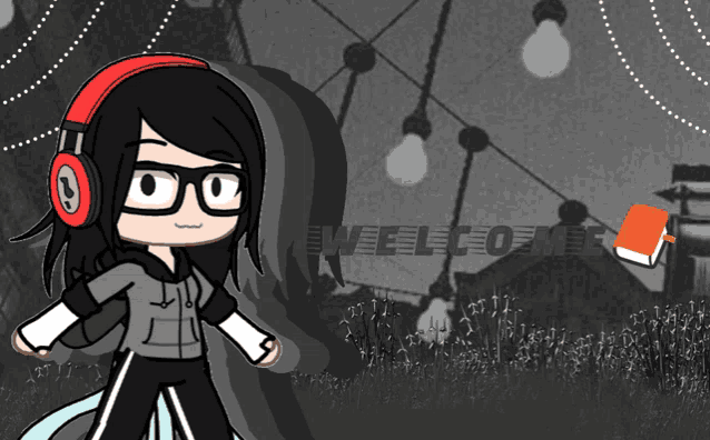 a girl wearing headphones and glasses stands in front of a welcome sign