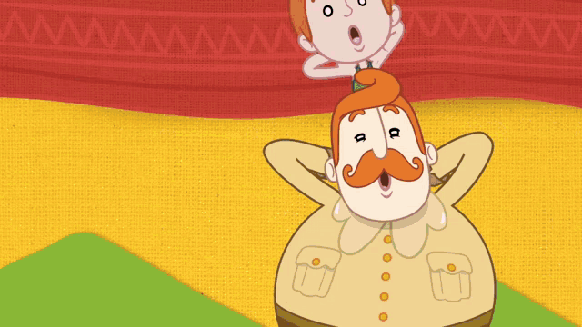 a cartoon of a man with a mustache holding a child on his head