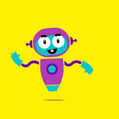 a cartoon robot with a purple body and blue arms and legs is dancing on a yellow background .