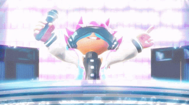 a cartoon character is holding a microphone in his hand