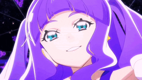 a close up of a purple haired anime character with blue eyes