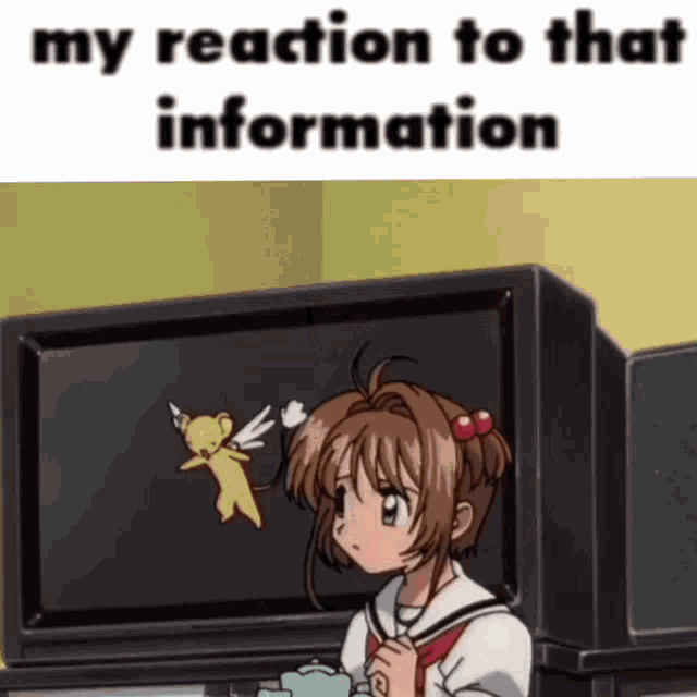 a girl is sitting in front of a television with a cartoon character on the screen and the words " my reaction to that information " below her