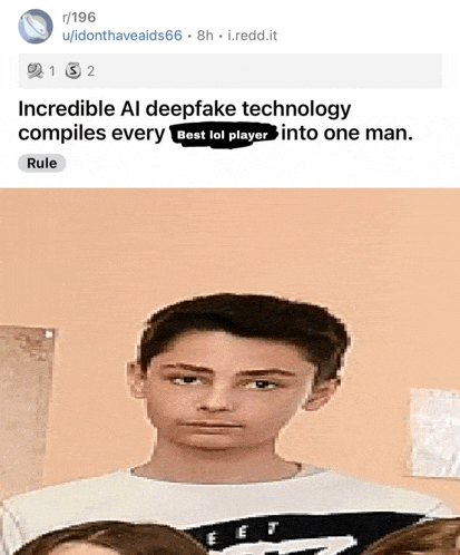 a picture of a boy with the words incredible al deepfake technology compiles every best lol player into one man