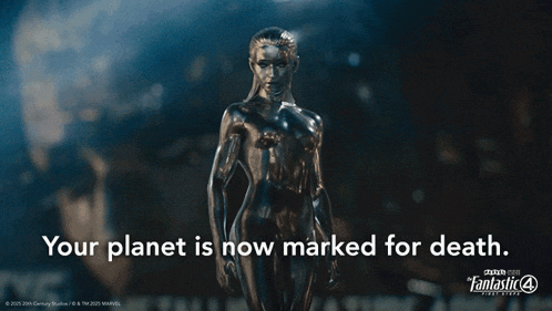 a statue of a woman with the words " your planet is now marked for death " below her