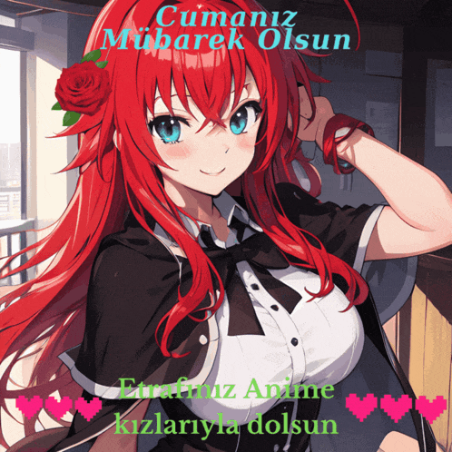 a picture of a red haired anime girl with the words cumanız mubarek olsun on it