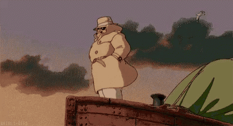 a cartoon of a man in a trench coat and hat standing on top of a boat .