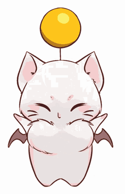 a white cat with a yellow ball on its head