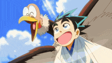 a cartoon drawing of a boy with a bird on his shoulder